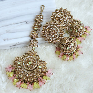 DHEERA earrings + tikka (Mint x Pink)