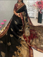 Load image into Gallery viewer, Mangalagiri Semi Silk Saree x Kalamkari Prints : Black x Red
