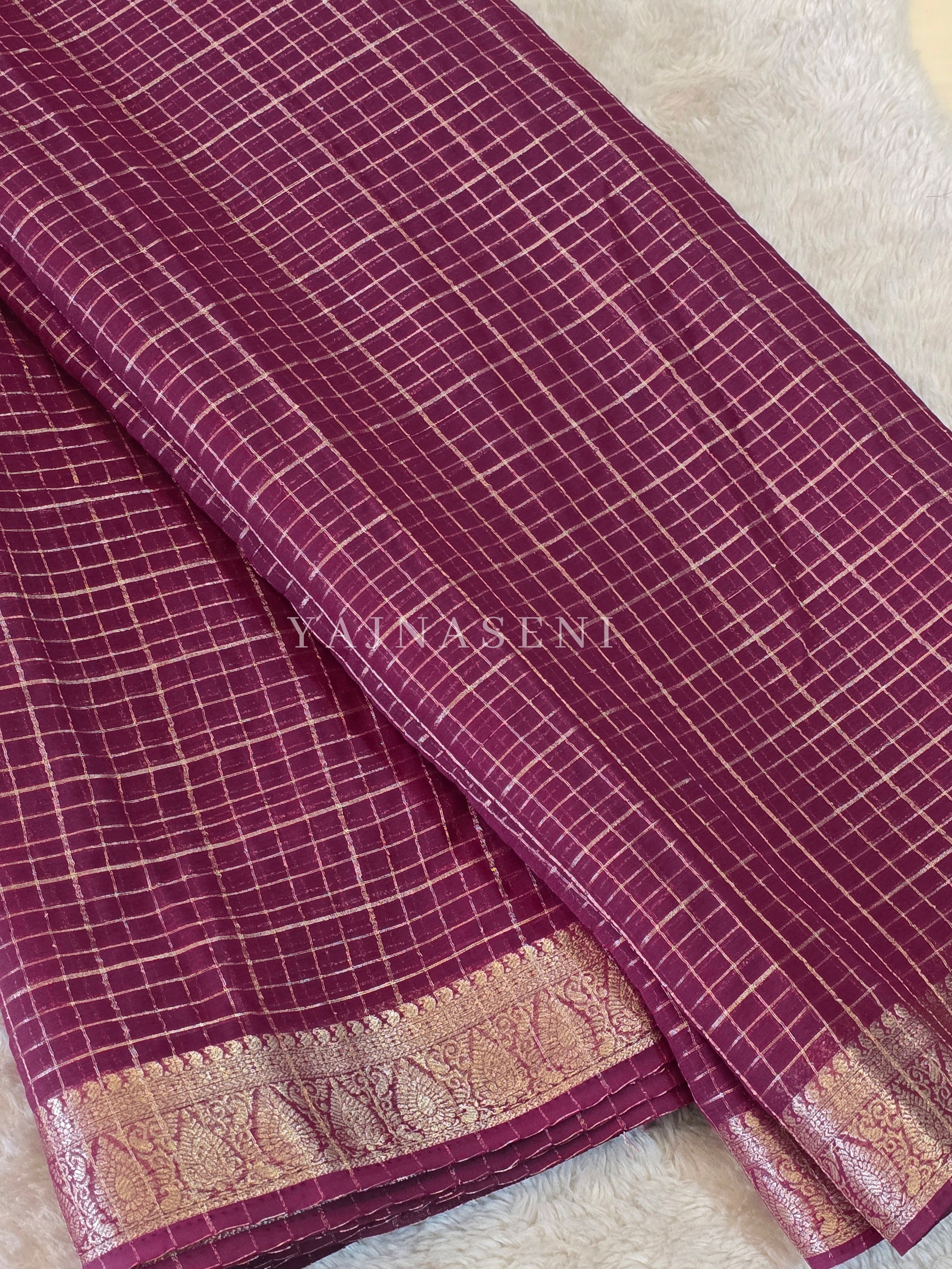 Georgette Saree x Checkered Zari : Burgundy
