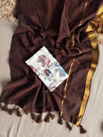 Load image into Gallery viewer, Mul Cotton Tassel Saree x Elephant Blouse : Brown

