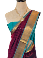 Load image into Gallery viewer, Handloom Kanchipuram Silk Cotton Saree : Merlot x Turquoise
