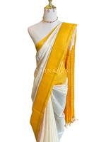 Load image into Gallery viewer, Checkered x Handloom Kanchipuram Silk Cotton Saree : Cream x Mango
