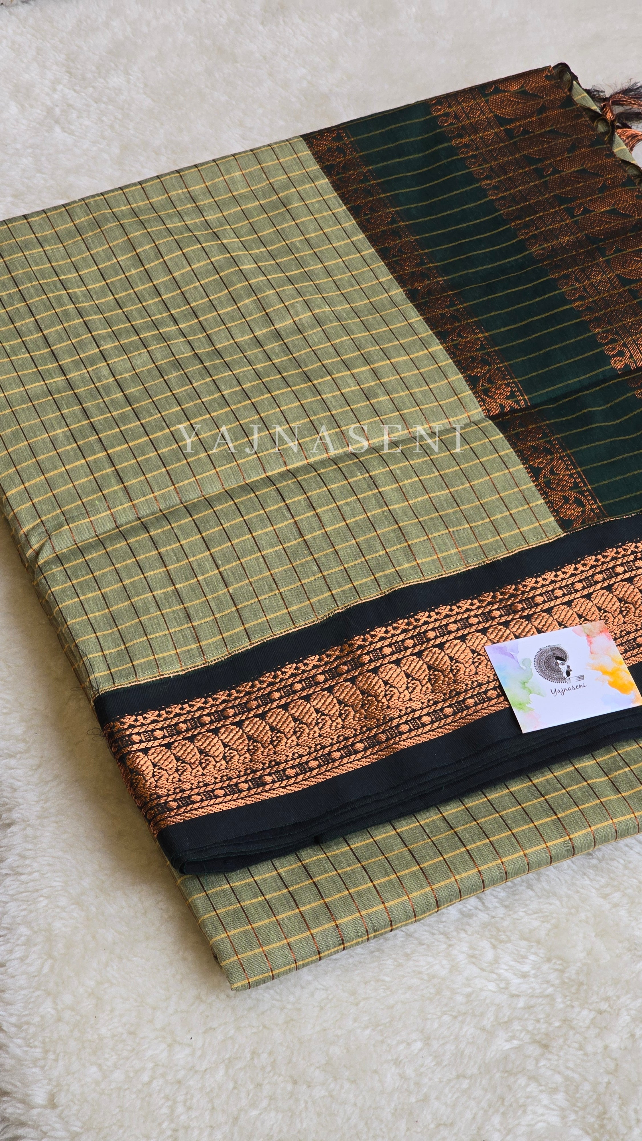 Kalyani Cotton Saree (checkered) - Copper Zari : Light Sage x Dark Green