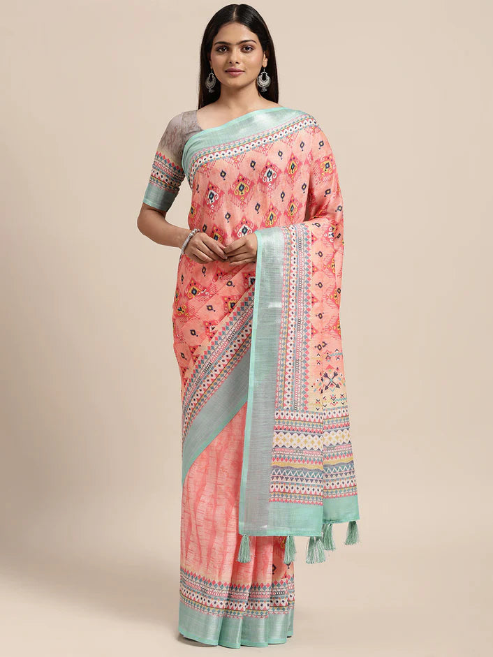 Linen Saree - Peach x Multicolour
