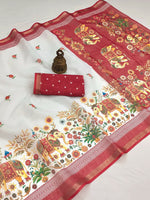 Load image into Gallery viewer, Printed Linen Cotton Saree x Elephants x Floral : White x Pastel Red
