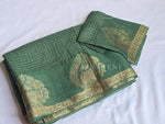 Load image into Gallery viewer, Blended Viscose Chinnon Silk Saree x Checkered x Elephant Border : Dark Fern Green
