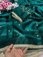 Load image into Gallery viewer, Satina Silk Saree x Embroidery blouse x Mirror Lace : Dark Teal

