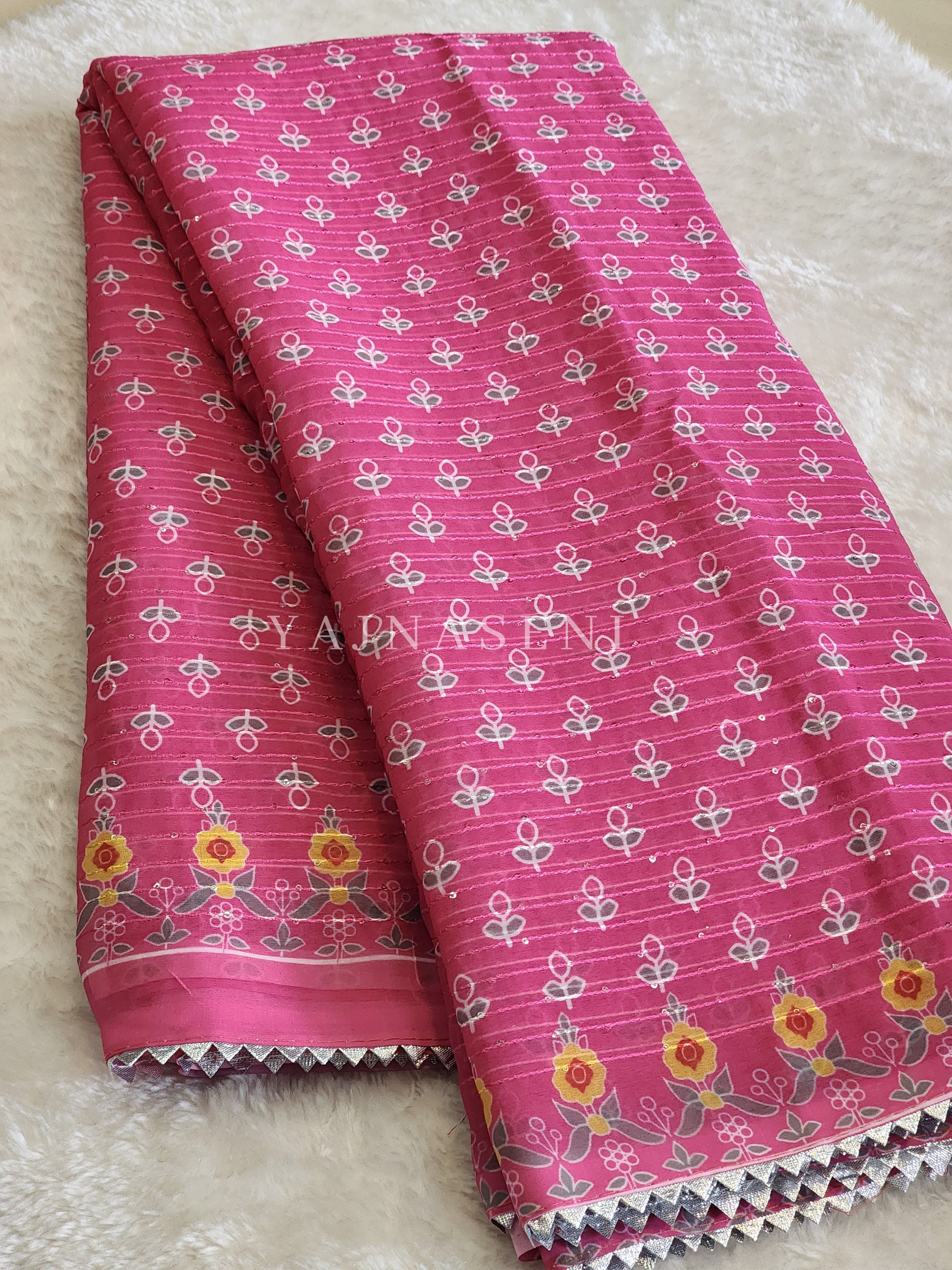 Sequins x Printed Georgette Saree - Pink