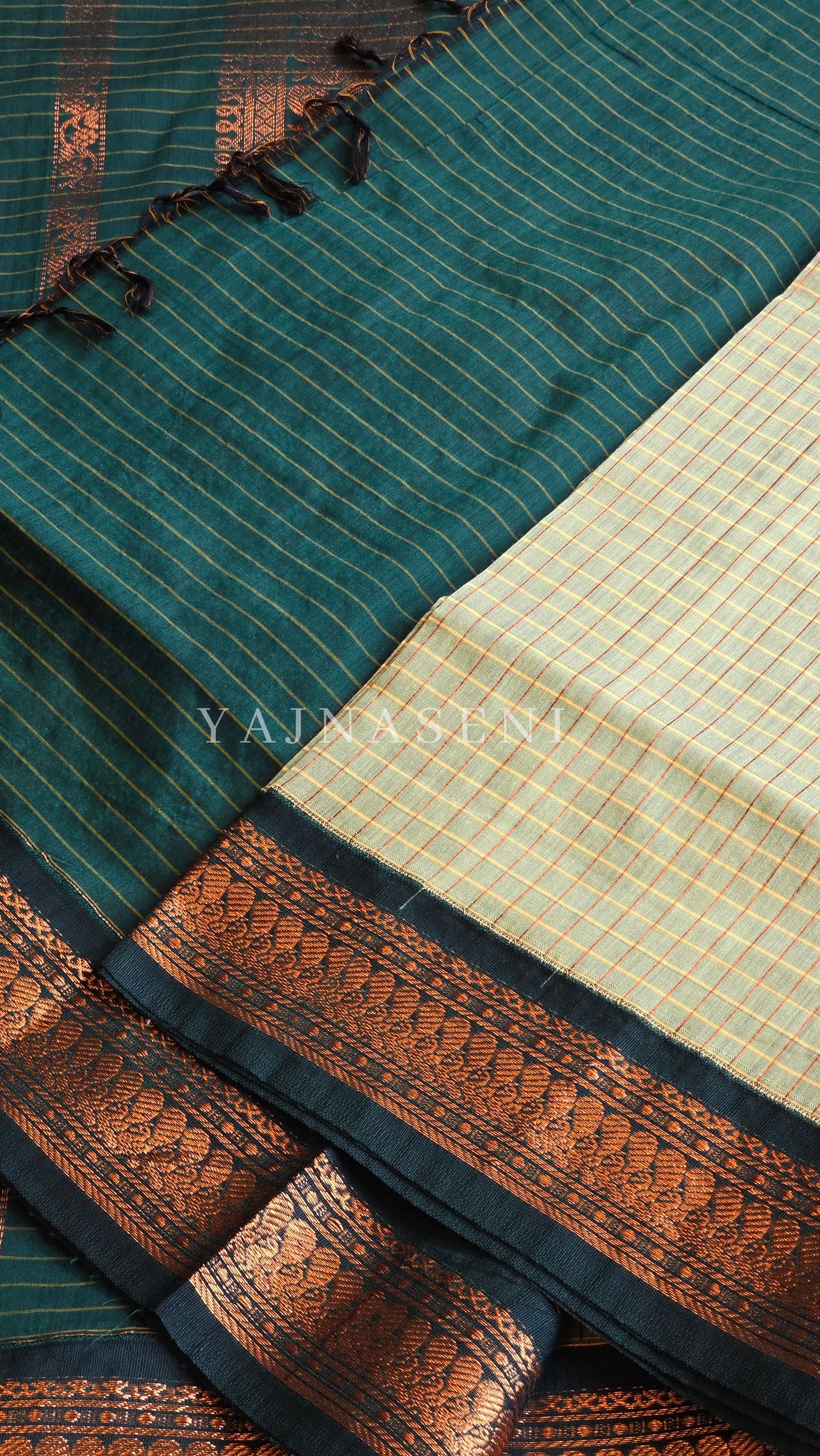 Kalyani Cotton Saree (checkered) - Copper Zari : Light Sage x Dark Green