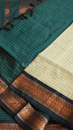 Load image into Gallery viewer, Kalyani Cotton Saree (checkered) - Copper Zari : Light Sage x Dark Green
