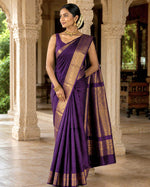 Load image into Gallery viewer, Minimalist Semi Silk Saree x Gold Zari - Dark Purple
