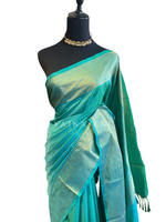Load image into Gallery viewer, Vaira oosi x Checkered Saree - Turquoise Green
