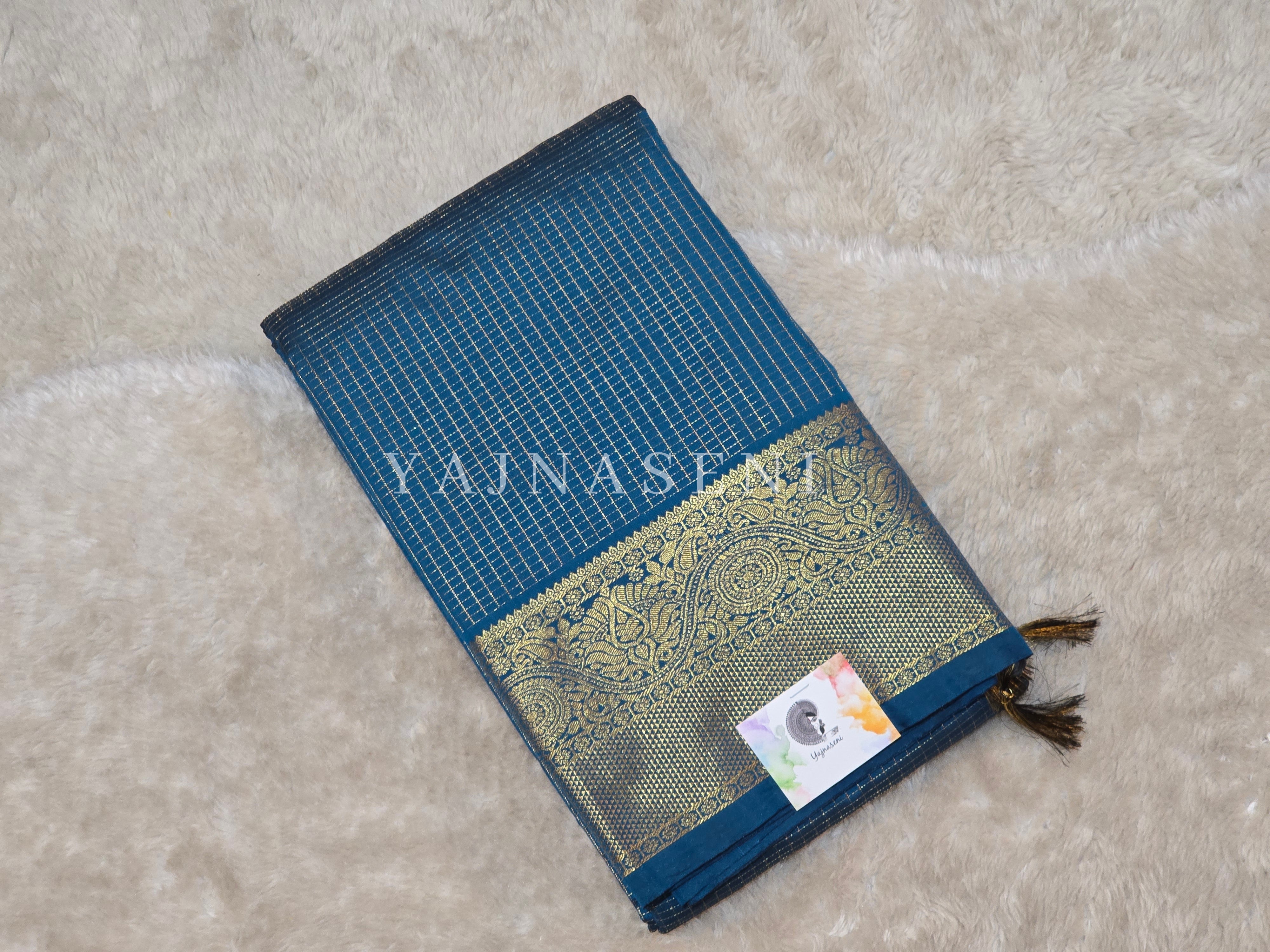 Vaira oosi x Checkered Saree - Dark Teal Blue