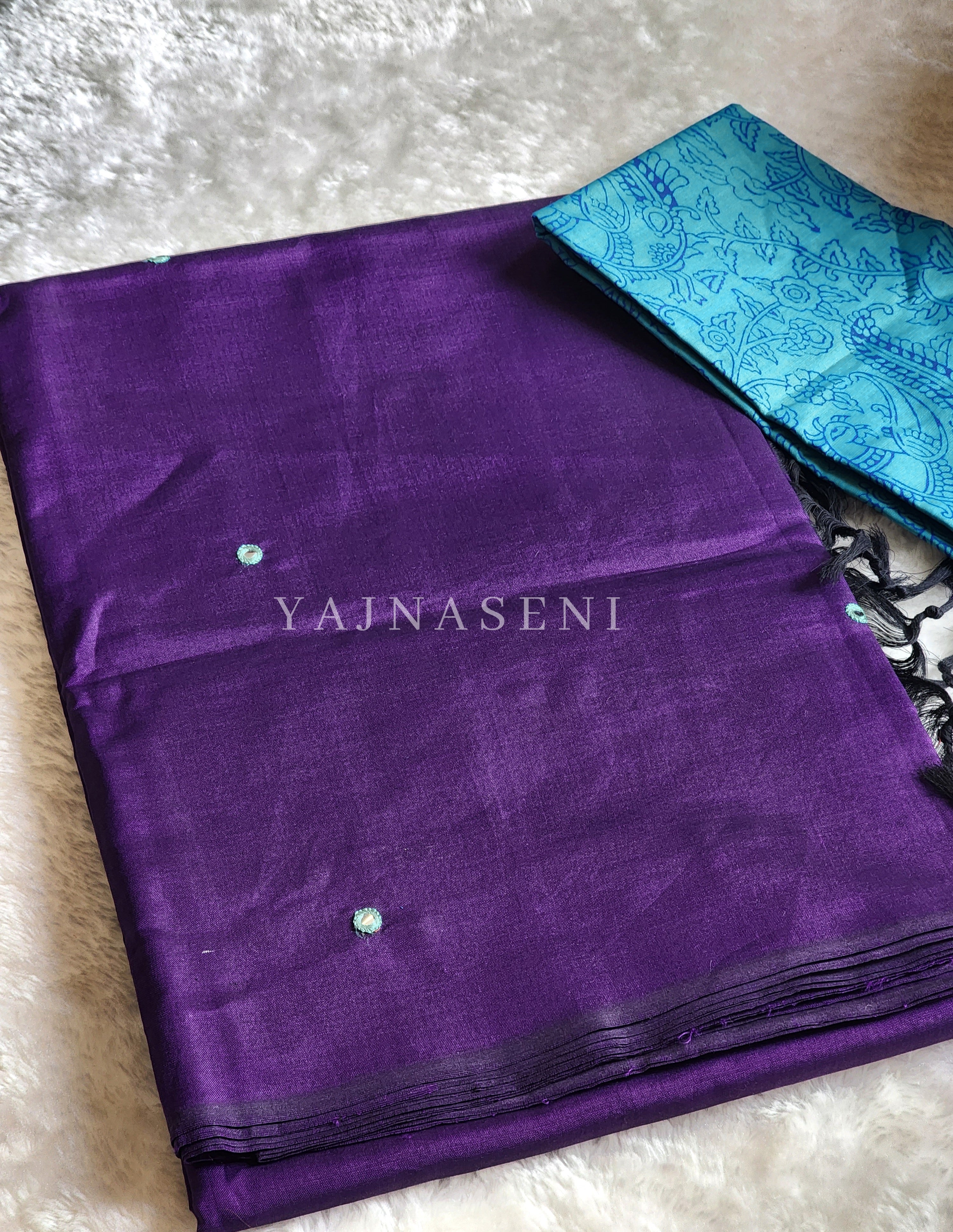 Cotton x Mirror saree : Dark Purple x Turquoise