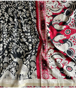 Load image into Gallery viewer, Maheshwari Blended Silk Cotton saree x Kalamkari : Black x Cream x Red Border
