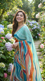 Load image into Gallery viewer, Printed Chiffon Saree x Pearl Border : Ocean Hues
