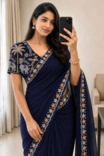 Load image into Gallery viewer, Georgette Saree x Floral x Elephant Sequins Blouse: Dark Blue

