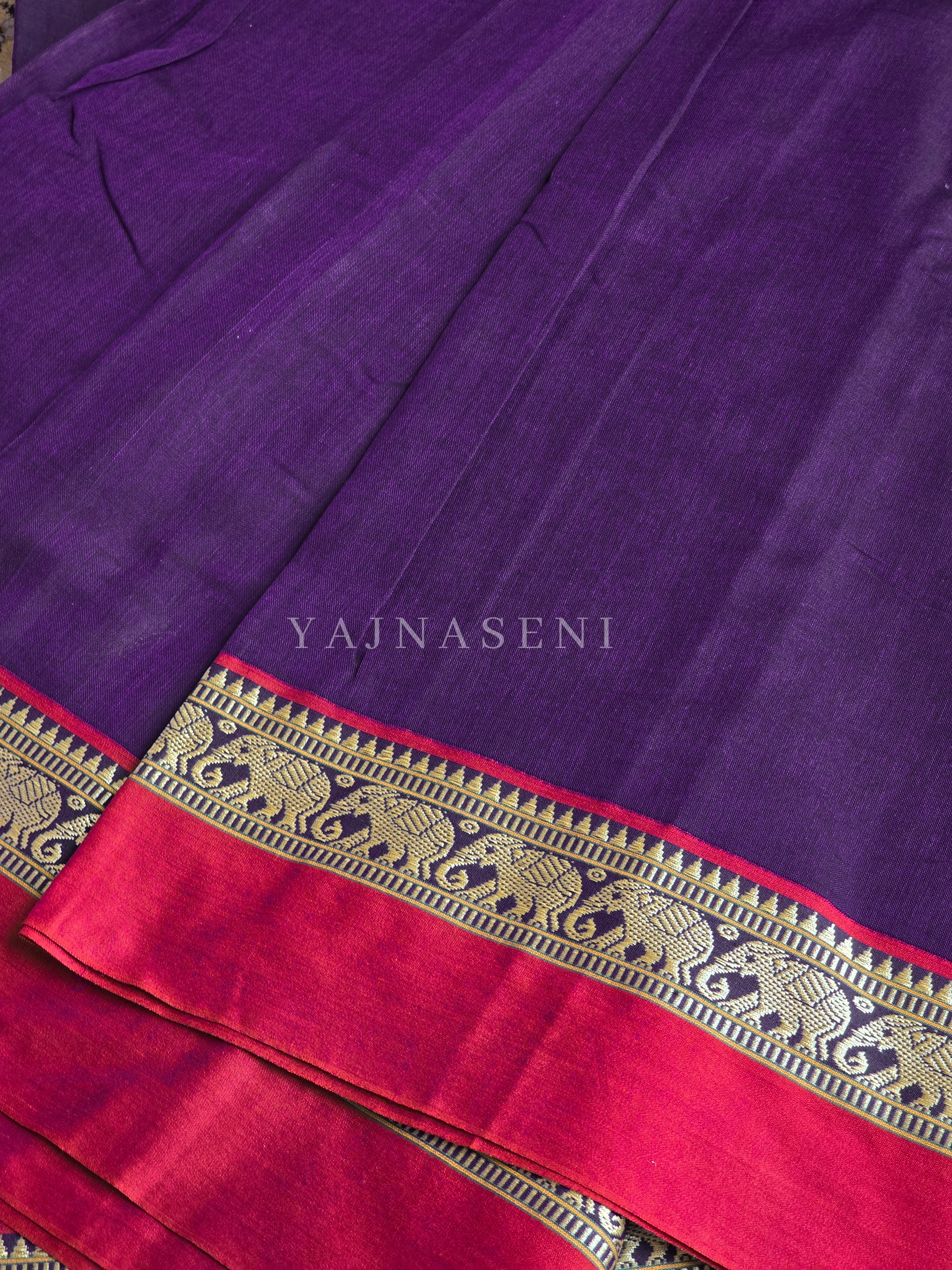 Narayanpet Mercerised Cotton Saree : Dark Purple x Rani