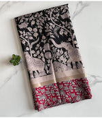 Load image into Gallery viewer, Maheshwari Blended Silk Cotton saree x Kalamkari : Black x Cream x Red Border
