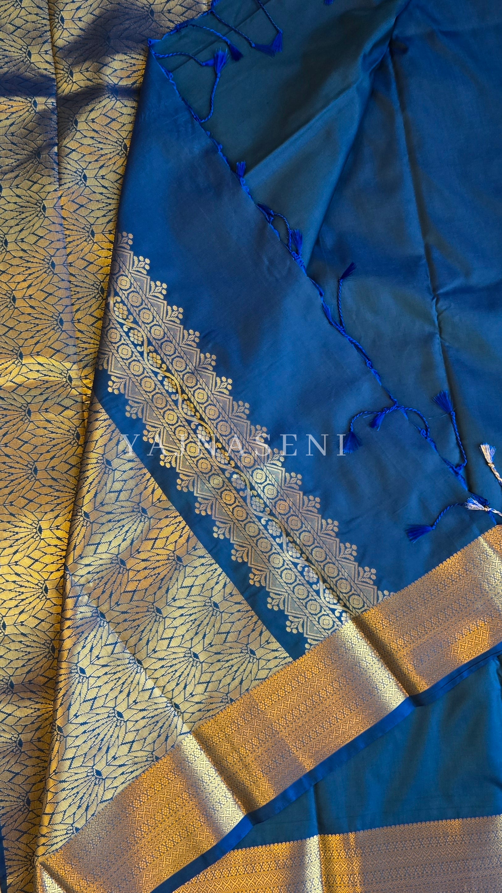 Minimalist Semi Silk Saree x Gold Zari - Peacock Blue