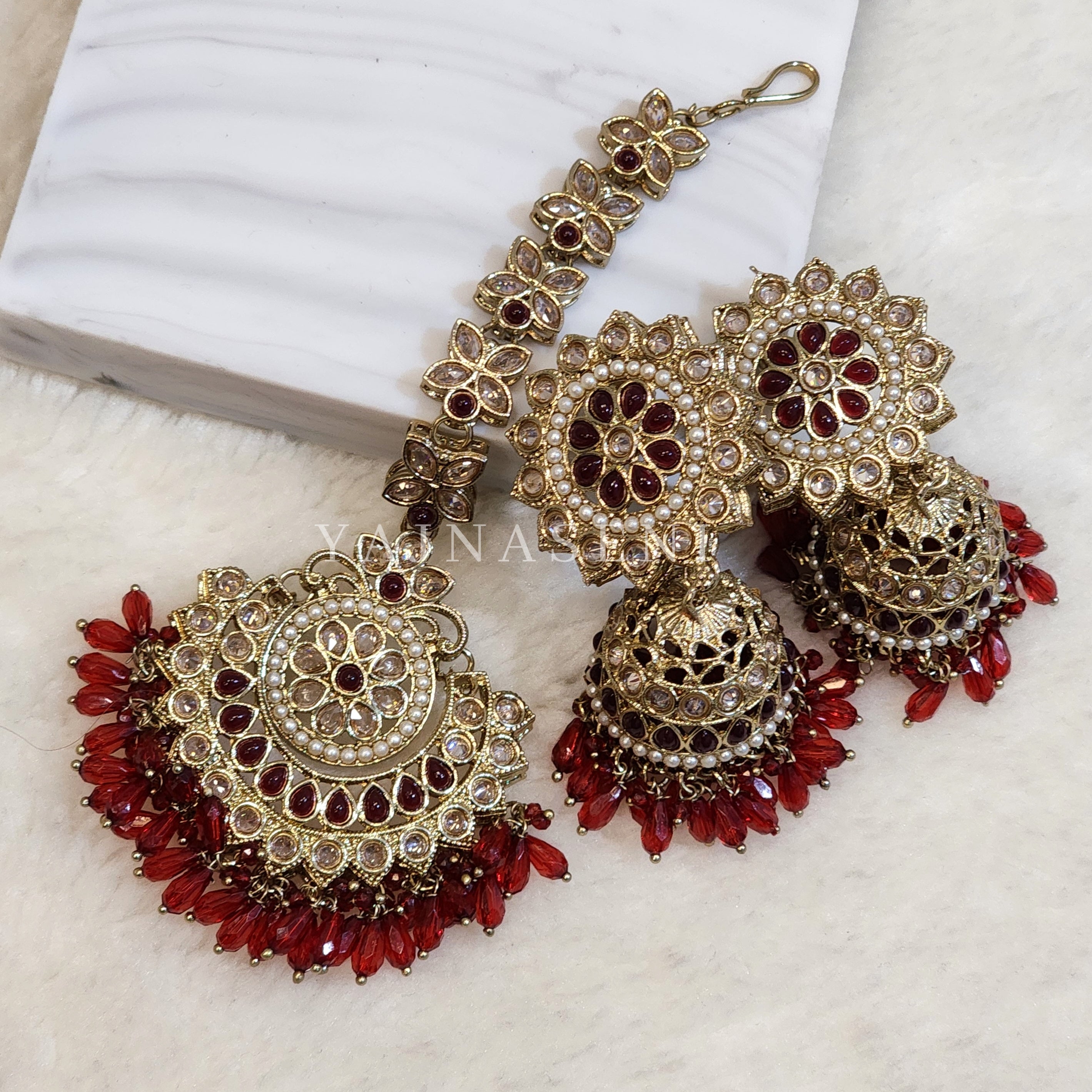 DHEERA earrings + tikka (Deep Red)