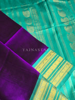 Load image into Gallery viewer, Handloom Kanchipuram Silk Cotton Saree x Korvai Border : Purple x Teal Green
