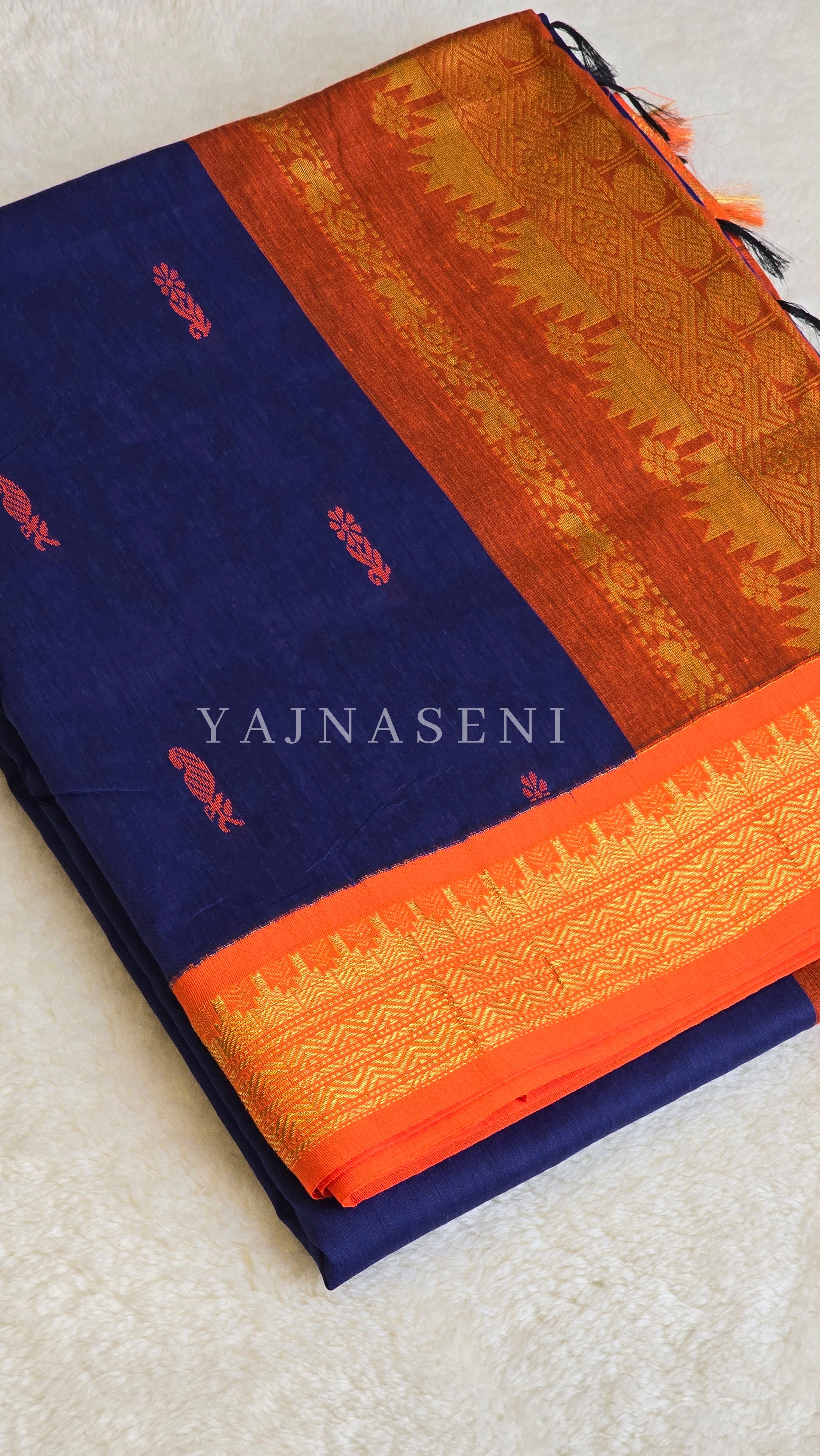 Kalyani Cotton Saree - Gold Zari : Blue x Orange x Bright Orange