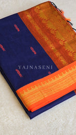 Load image into Gallery viewer, Kalyani Cotton Saree - Gold Zari : Blue x Orange x Bright Orange
