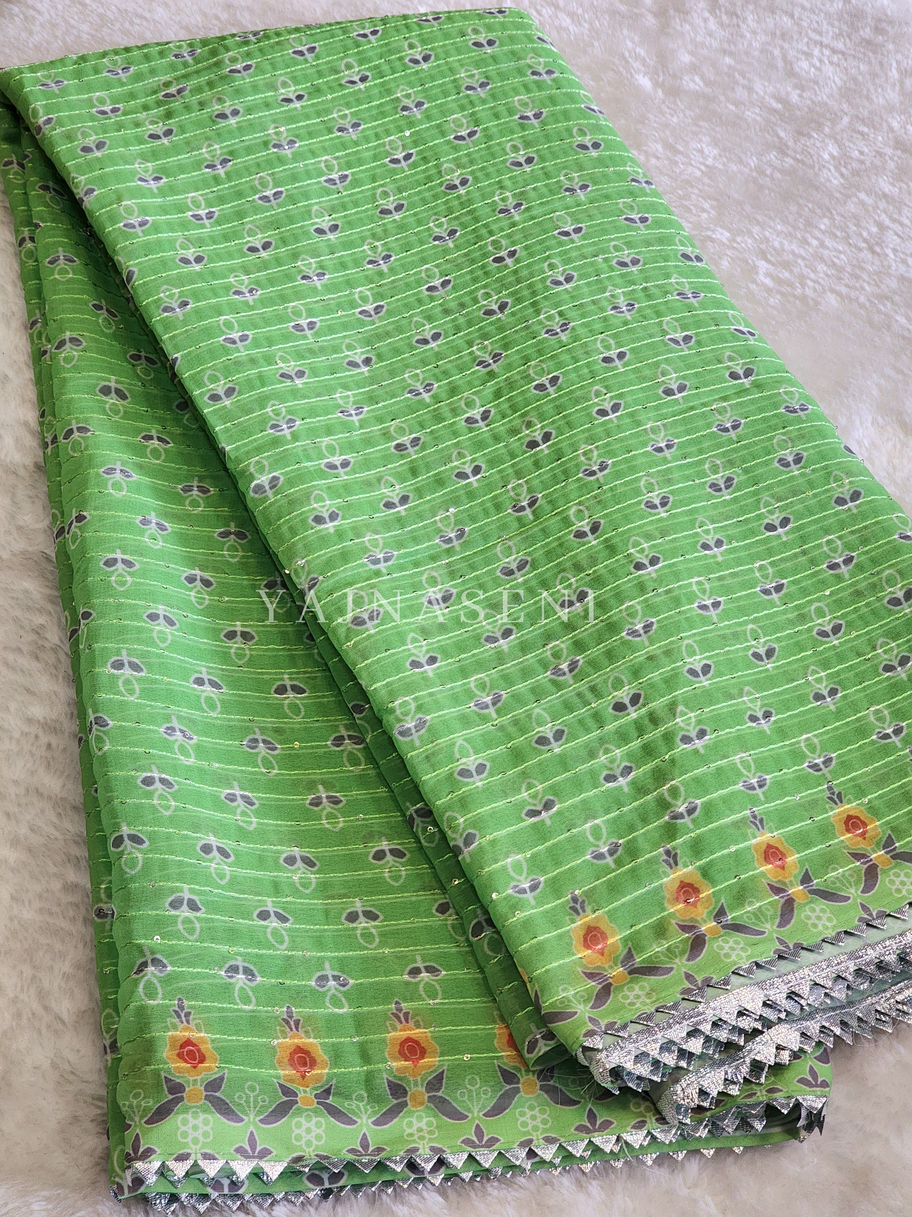 Sequins x Printed Georgette Saree - Lime