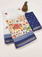 Load image into Gallery viewer, Printed Linen Cotton Saree x Elephants x Floral : White x Blue
