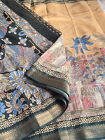 Load image into Gallery viewer, Semi Tussar Saree x Printed Kalamkari designs : Beige x Green
