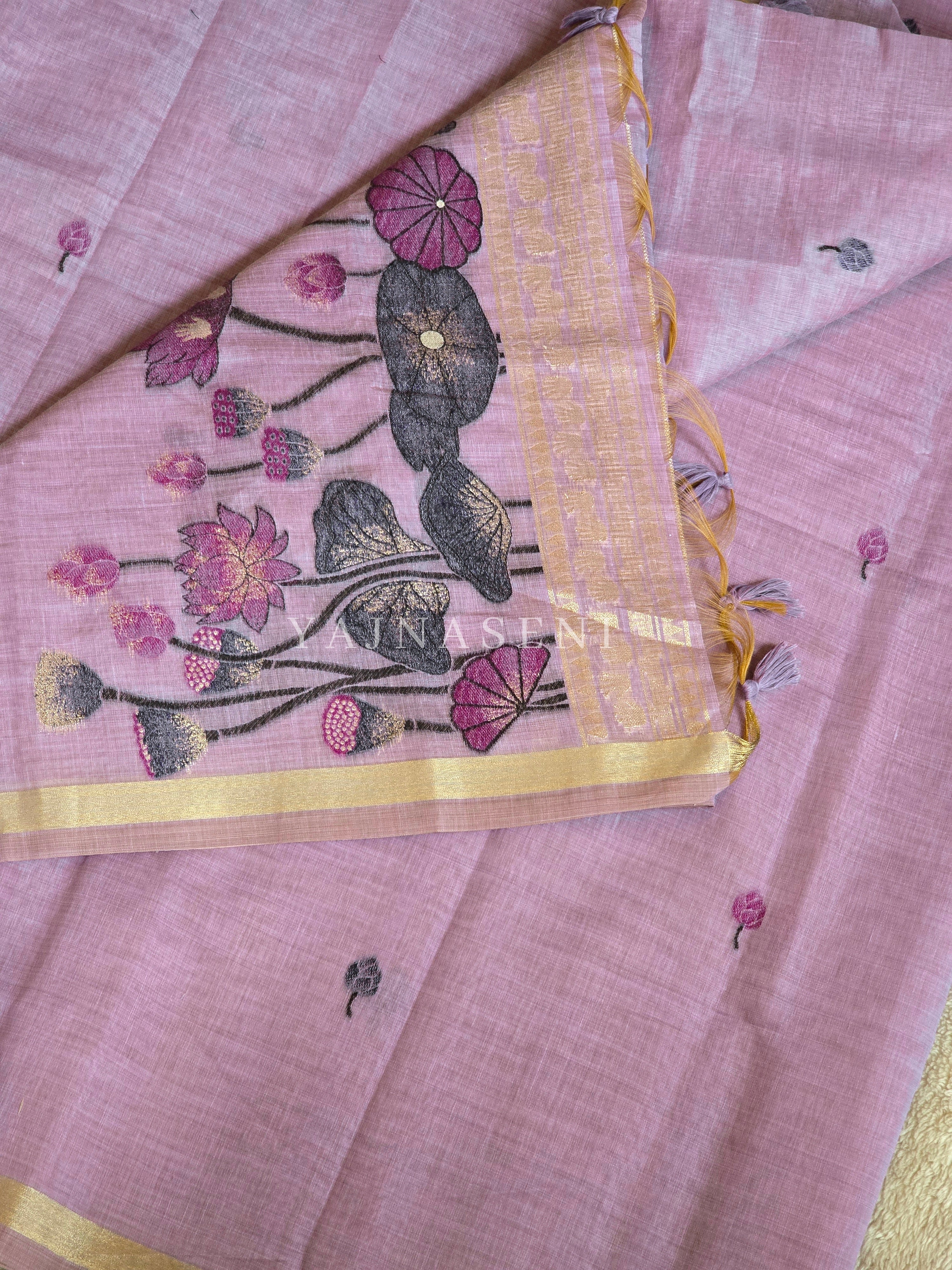 Linen Cotton Saree x Pichwai Tales - Purple