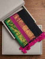 Load image into Gallery viewer, Mul Cotton Tassel Saree x Kanchi Border: Black

