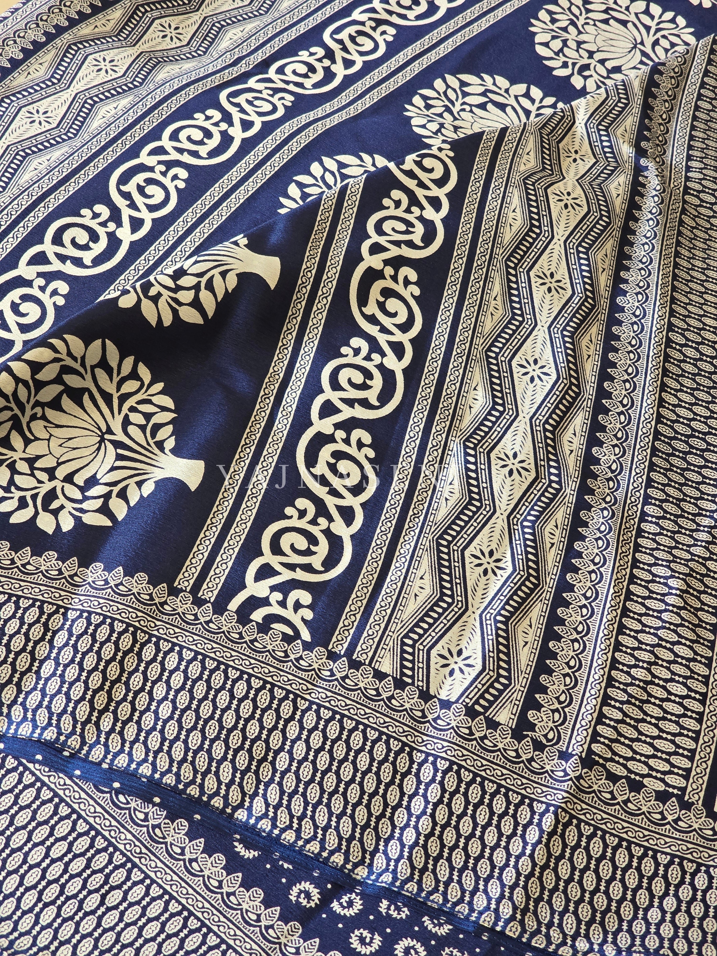 Georgette Saree x Printed Design : Dark Blue x White