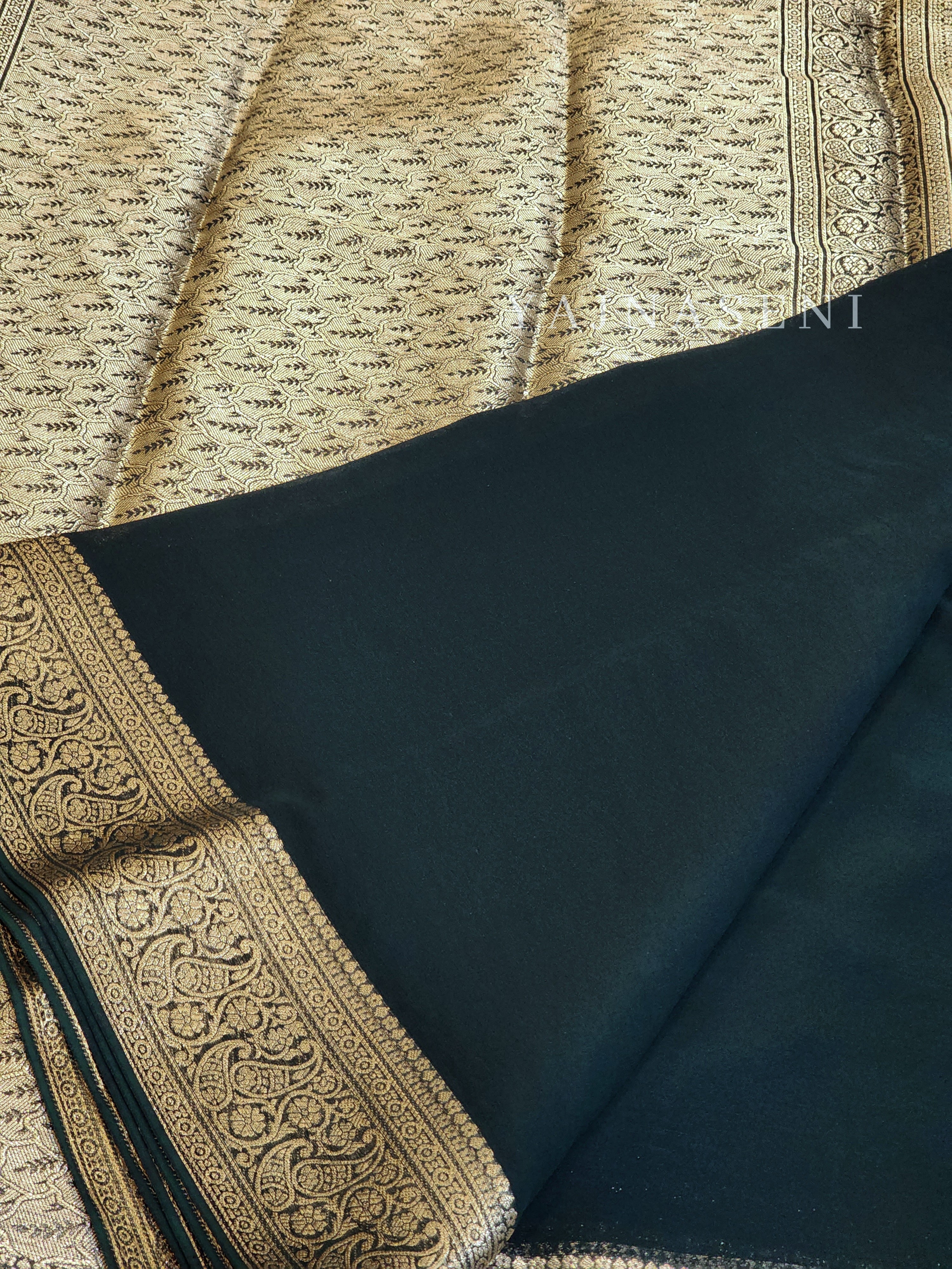 Semi georgette saree x brocade blouse : Green