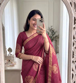 Load image into Gallery viewer, Blended Viscose Chinnon Silk Saree x Checkered x Elephant Border : Mulberry
