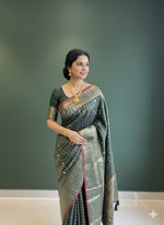 Load image into Gallery viewer, Semi Silk Saree x Checkered x Floral Motifs  - Timber Green
