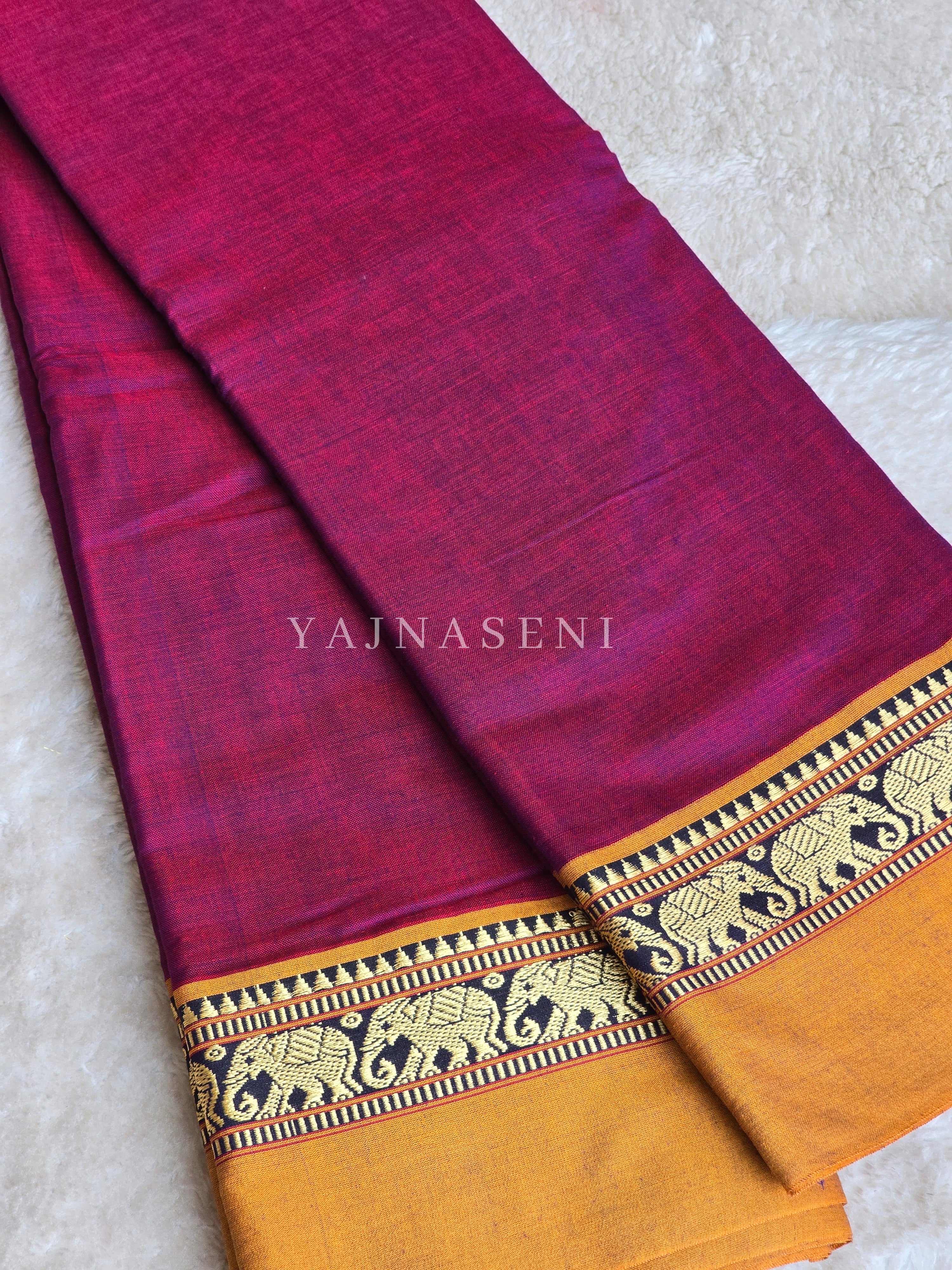 Narayanpet Mercerised Cotton Saree : Claret x Mustard