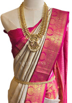 Load image into Gallery viewer, SNOW ROSE - Pure Kanjivaram Silk Saree with Gold Zari

