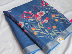 Load image into Gallery viewer, Printed Linen Cotton Saree x Silver Zari Border : Denim Blue
