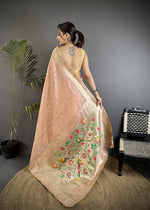 Load image into Gallery viewer, Tissue Semi Silk Saree x Paithani Inspired Motifs : Peach
