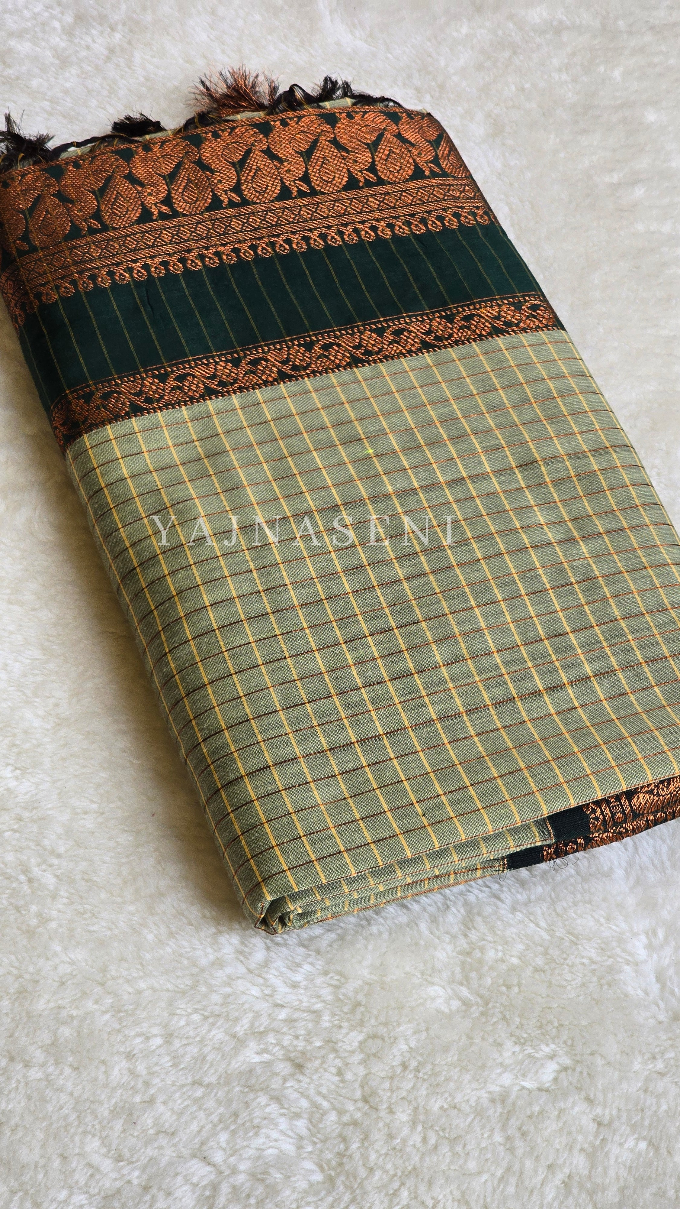 Kalyani Cotton Saree (checkered) - Copper Zari : Light Sage x Dark Green