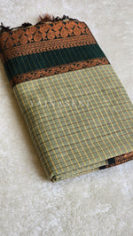 Load image into Gallery viewer, Kalyani Cotton Saree (checkered) - Copper Zari : Light Sage x Dark Green
