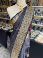 Load image into Gallery viewer, Narayanpet Mercerised Cotton Saree x Tall border : Dark Grey x Black
