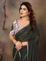 Load image into Gallery viewer, Chiffon Saree x Mirrors x Lace : Army Green
