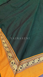 Load image into Gallery viewer, Narayanpet Mercerised Cotton Saree : Emerald x Mustard
