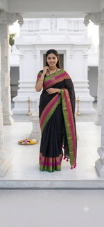 Load image into Gallery viewer, Mul Cotton Tassel Saree x Kanchi Border: Black
