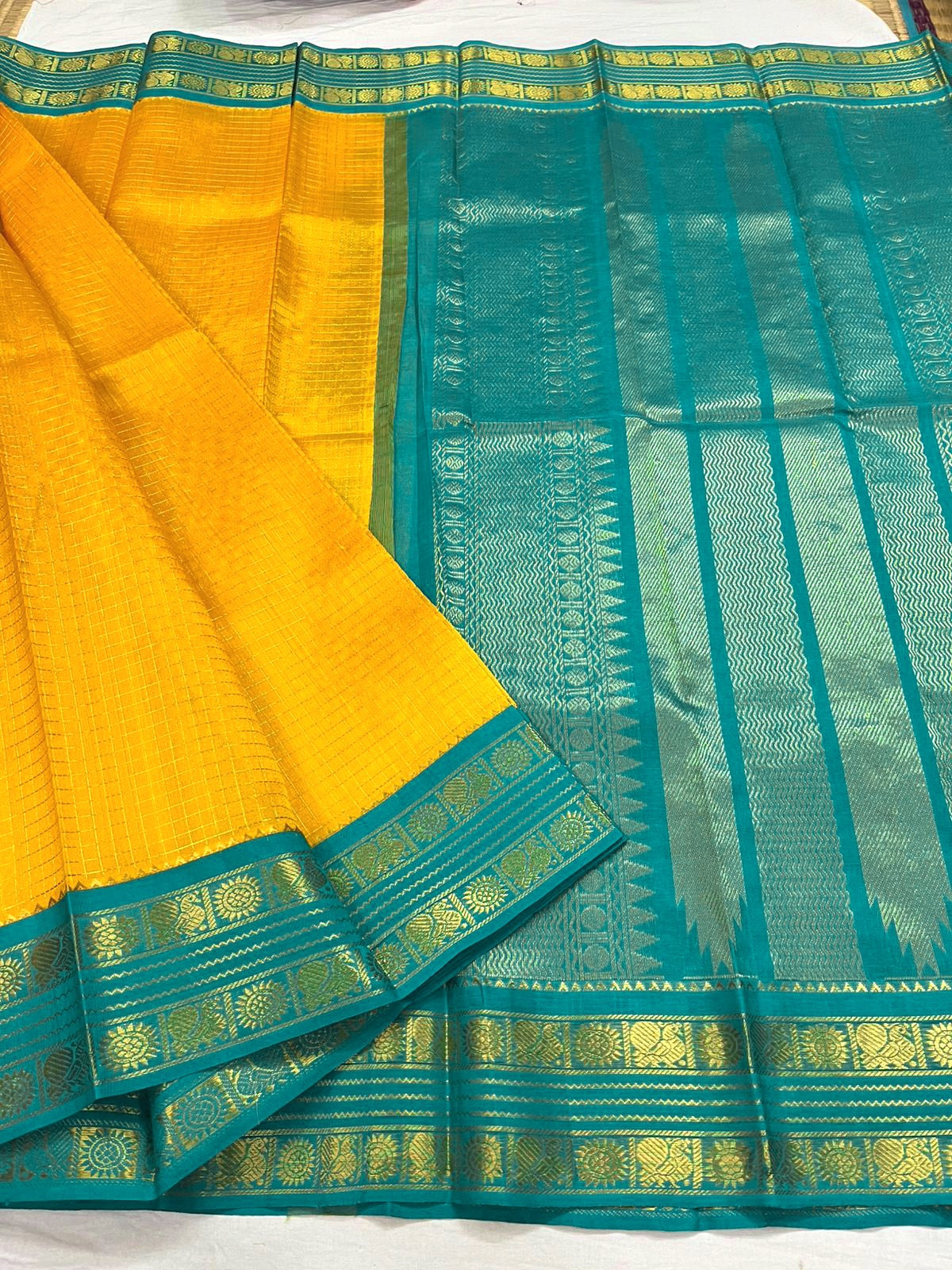 Checkered x Handloom Kanchipuram Silk Cotton Saree : Mango x Turquoise Green