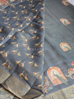 Load image into Gallery viewer, Regal Nature x Printed Linen Tissue Saree : Metallic AshBlue
