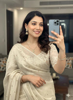 Load image into Gallery viewer, Satina Silk Saree x Embroidery blouse : Off White
